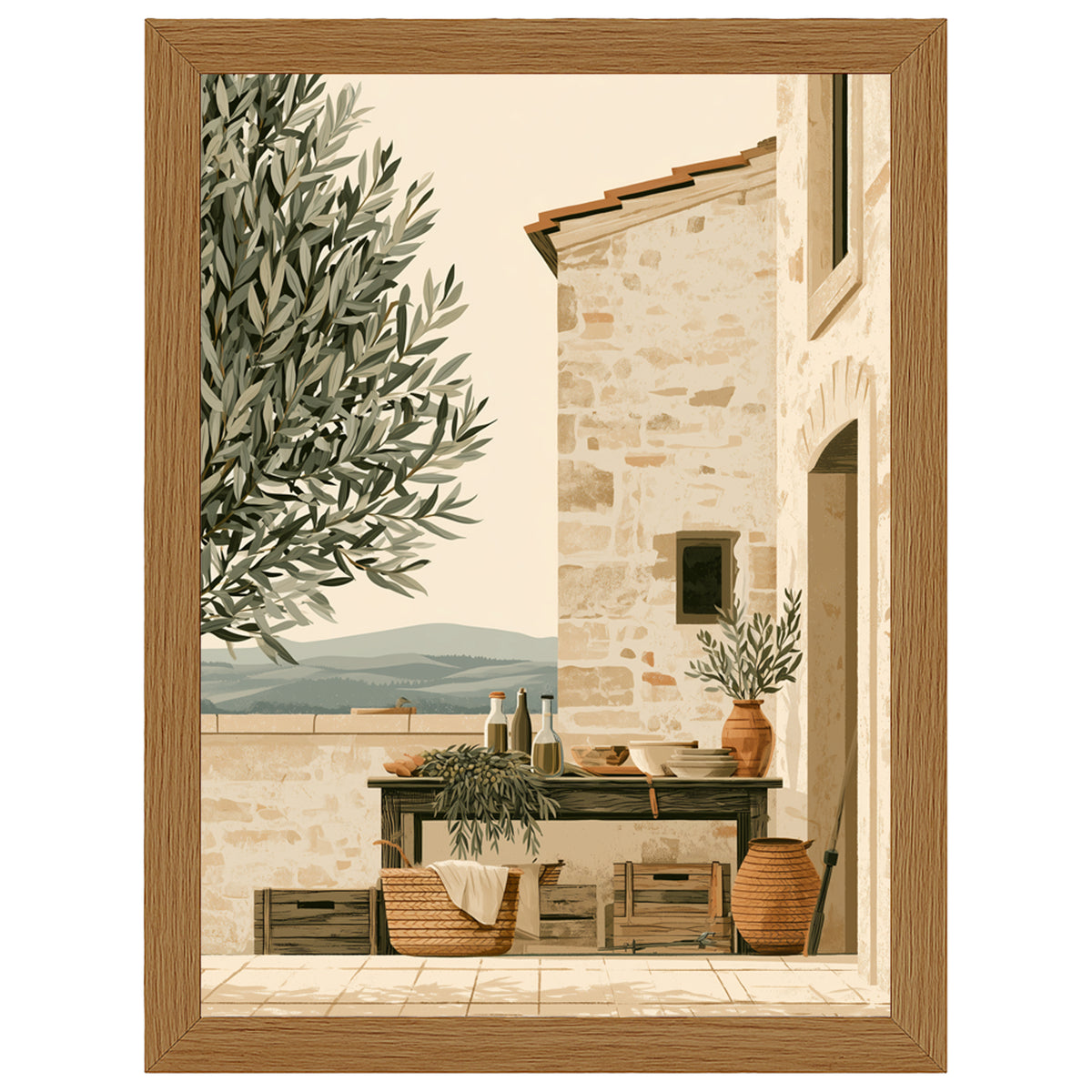 Olive Terrace Tuscany print, stone house and terrace by an olive tree, in an oak-effect frame