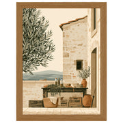 Olive Terrace Tuscany print, stone house and terrace by an olive tree, in an oak-effect frame