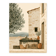 Olive Terrace Tuscany print, stone house and terrace by an olive tree, unframed print