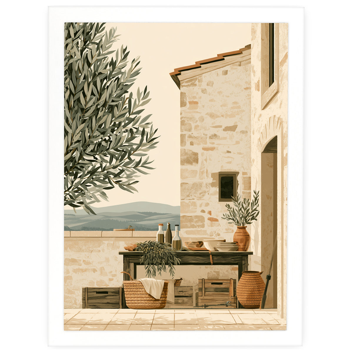 Olive Terrace Tuscany print, stone house and terrace by an olive tree, in a white frame