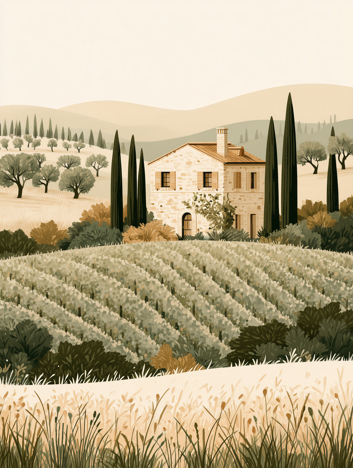 Country Villa Tuscany print, farmhouse among cypress trees