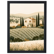 Country Villa Tuscany print, farmhouse among cypress trees, in a black frame