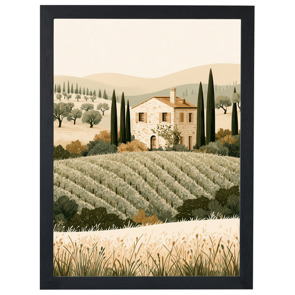 Country Villa Tuscany print, farmhouse among cypress trees, in a black frame