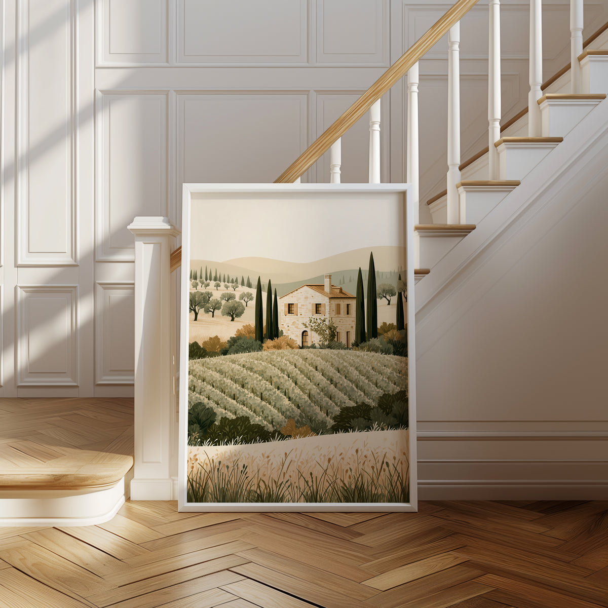Country Villa Tuscany print, farmhouse among cypress trees, shown in a room