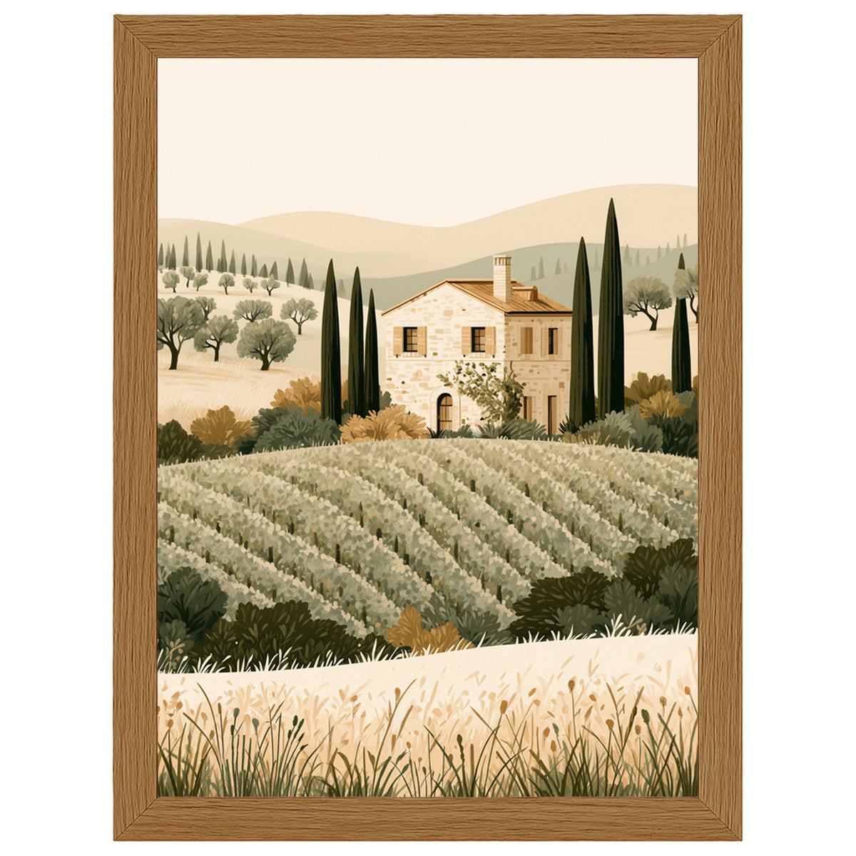 Country Villa Tuscany print, farmhouse among cypress trees, in an oak-effect frame