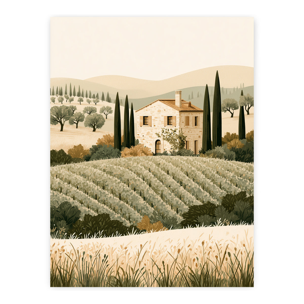 Country Villa Tuscany print, farmhouse among cypress trees, unframed print