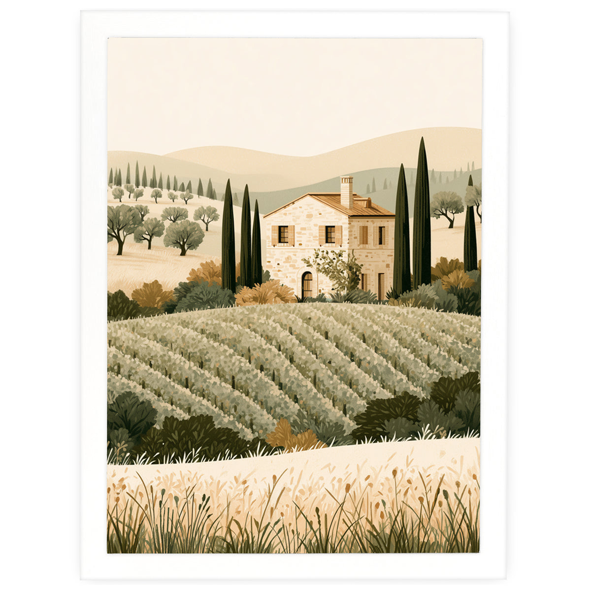 Country Villa Tuscany print, farmhouse among cypress trees, in a white frame