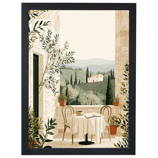 Morning Coffee Tuscany print, café table on a terrace, in a black frame