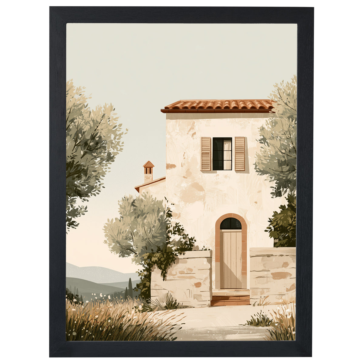 The Country House Tuscany print, stone farmhouse with olive tree, in a black frame