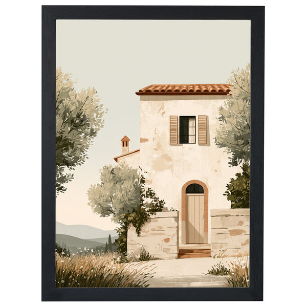 The Country House Tuscany print, stone farmhouse with olive tree, in a black frame