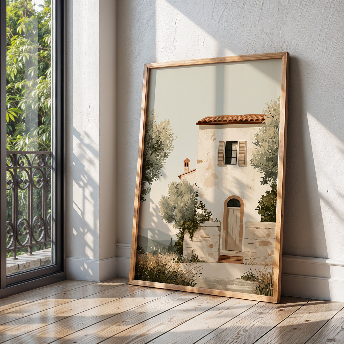 The Country House Tuscany print, stone farmhouse with olive tree, shown in a room