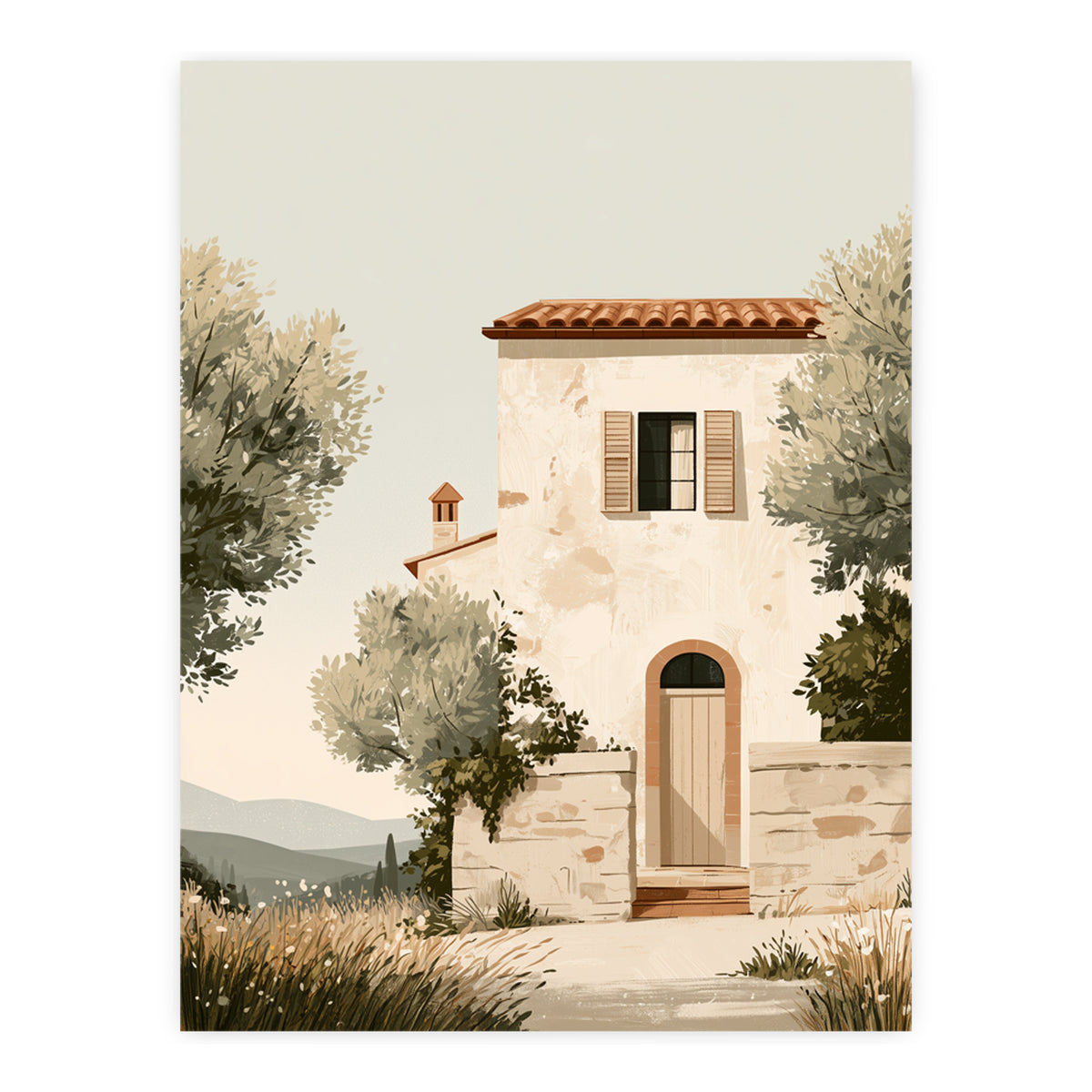 The Country House Tuscany print, stone farmhouse with olive tree, unframed print