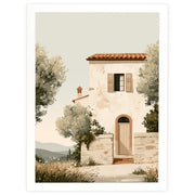 The Country House Tuscany print, stone farmhouse with olive tree, in a white frame