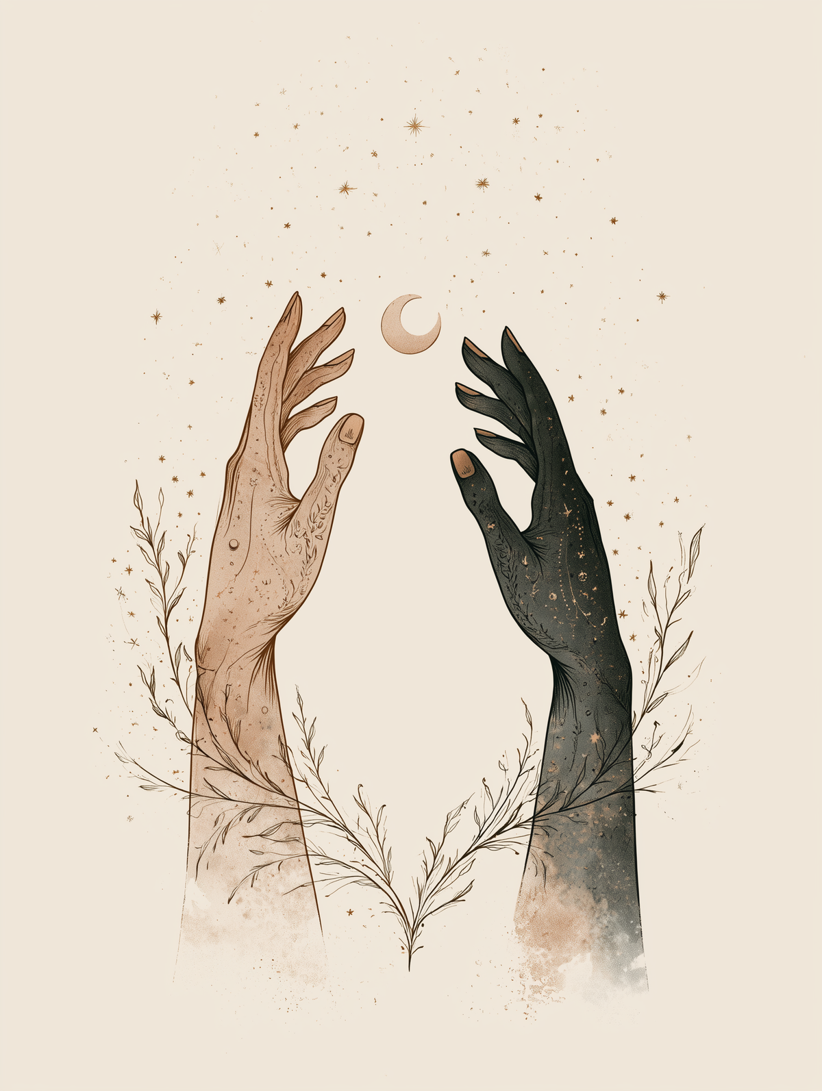 Cosmic Connection celestial print, two hands reaching towards a crescent moon