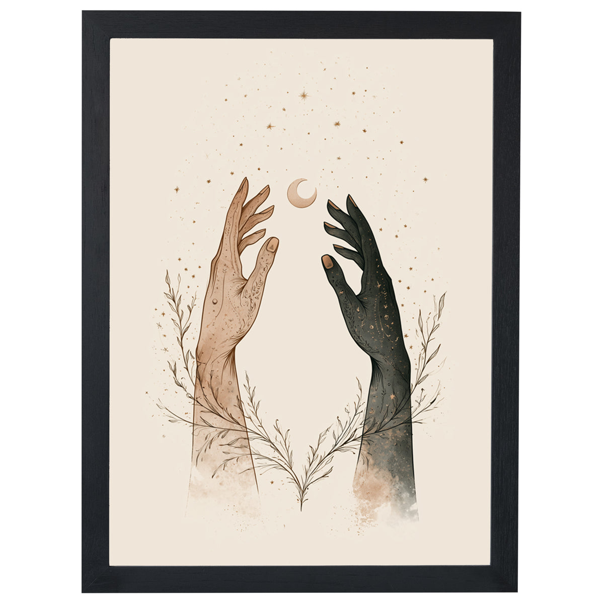 Cosmic Connection celestial print, two hands reaching towards a crescent moon, in a black frame