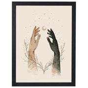 Cosmic Connection celestial print, two hands reaching towards a crescent moon, in a black frame