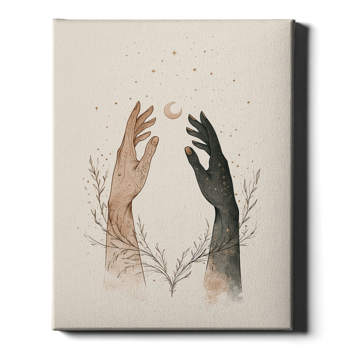 Cosmic Connection celestial print, two hands reaching towards a crescent moon, on wrapped canvas