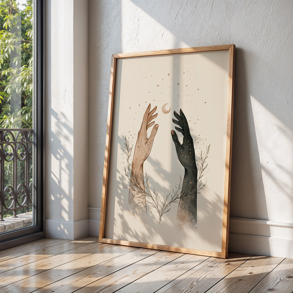 Cosmic Connection celestial print, two hands reaching towards a crescent moon, shown in a room