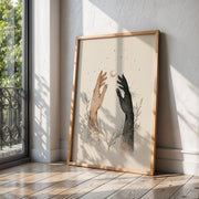 Cosmic Connection celestial print, two hands reaching towards a crescent moon, shown in a room