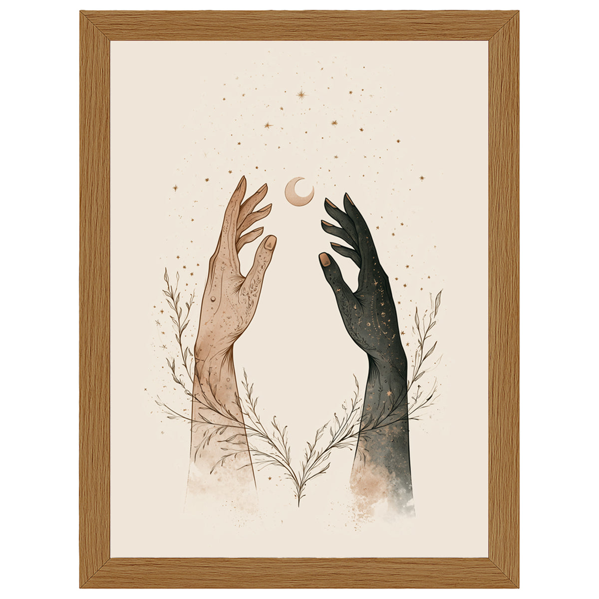 Cosmic Connection celestial print, two hands reaching towards a crescent moon, in an oak-effect frame