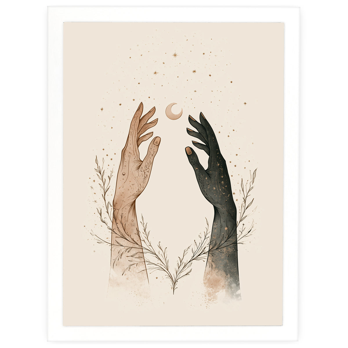 Cosmic Connection celestial print, two hands reaching towards a crescent moon, in a white frame