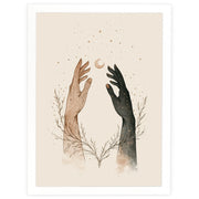Cosmic Connection celestial print, two hands reaching towards a crescent moon, in a white frame