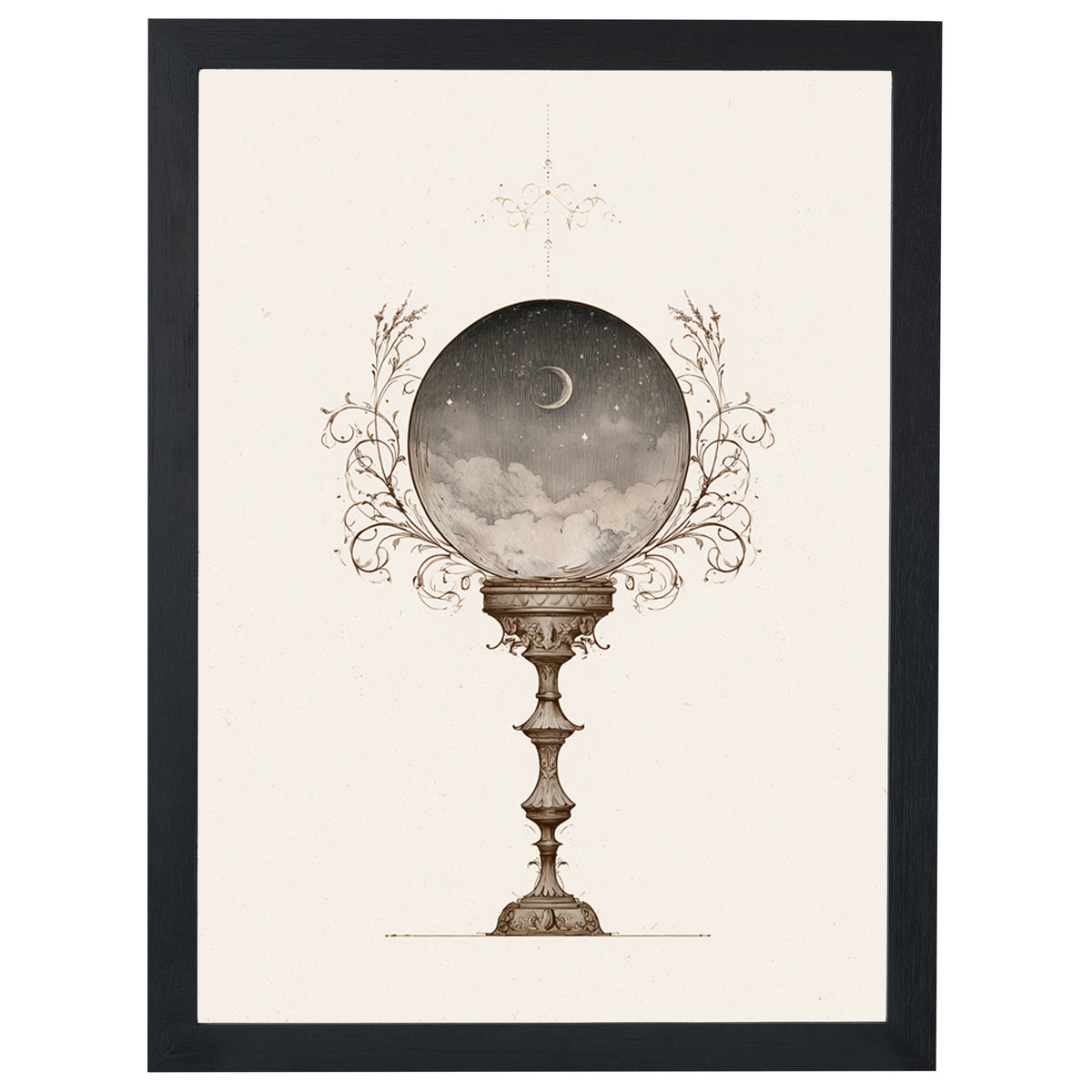 Moonlit Visions celestial print, moon inside a crystal ball, in a black frame