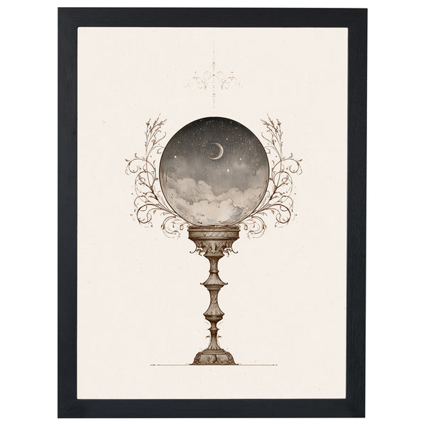 Moonlit Visions celestial print, moon inside a crystal ball, in a black frame