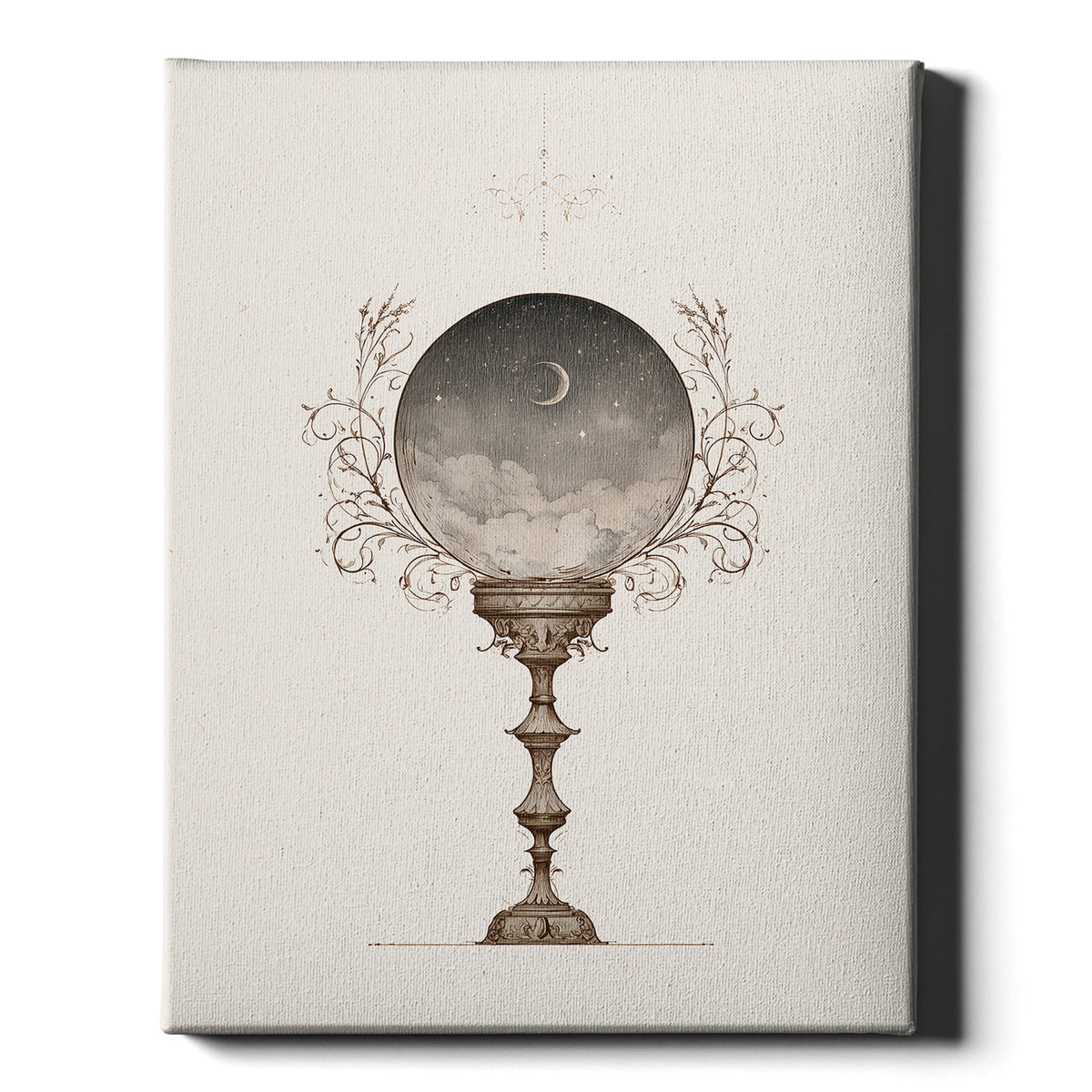 Moonlit Visions celestial print, moon inside a crystal ball, on wrapped canvas