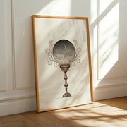 Moonlit Visions celestial print, moon inside a crystal ball, shown in a room