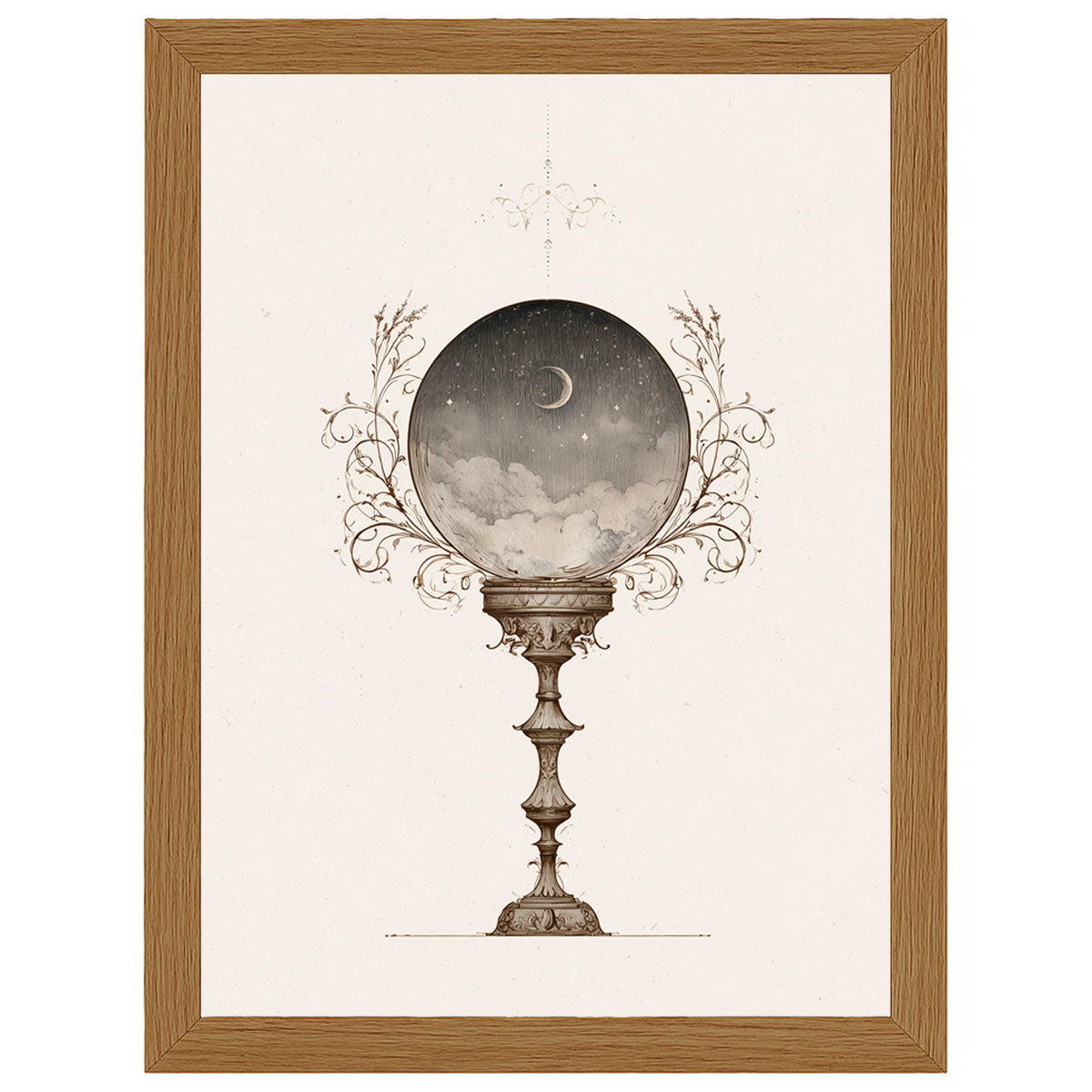 Moonlit Visions celestial print, moon inside a crystal ball, in an oak-effect frame