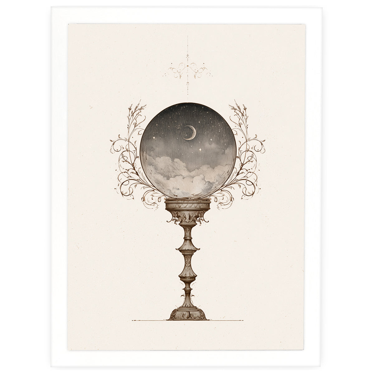 Moonlit Visions celestial print, moon inside a crystal ball, in a white frame