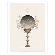 Moonlit Visions celestial print, moon inside a crystal ball, in a white frame