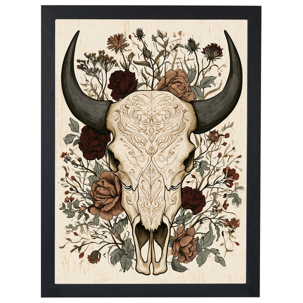 Sacred Wild gothic print, horned skull with dark red roses, in a black frame