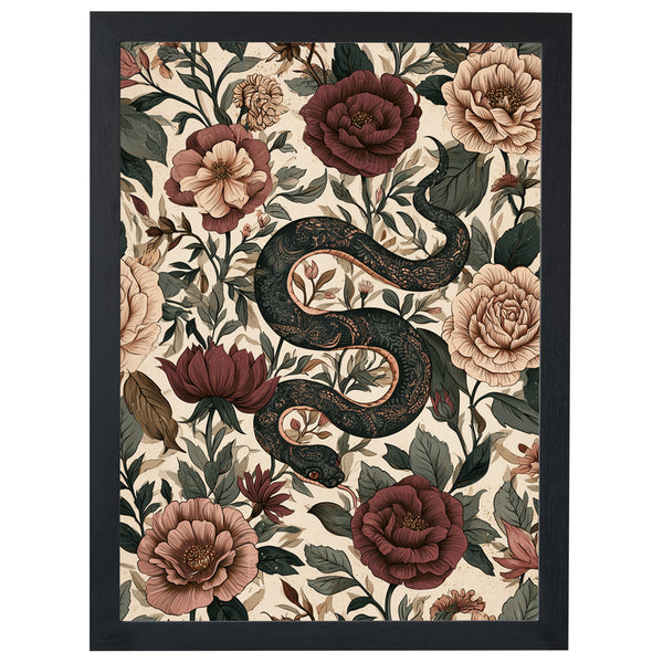 Serpent Garden gothic print, dark snake winding through roses, in a black frame