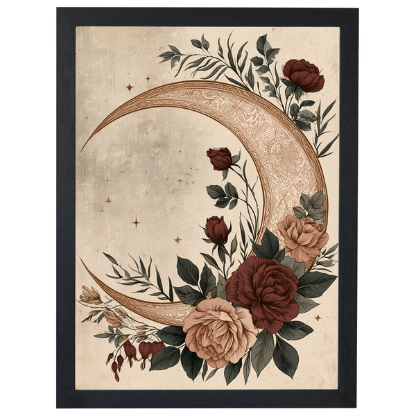 Lunar Bloom gothic print, crescent moon with dark red roses, in a black frame