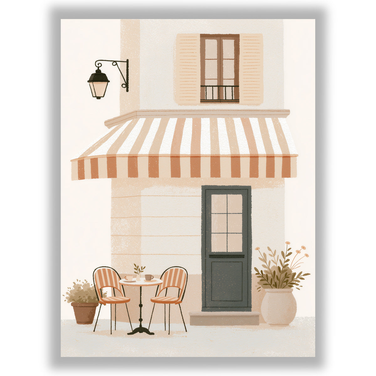A stylized illustration of a French-style building facade with a striped awning, shuttered window, dark door, wall lamp, outdoor cafe seating, and potted plants, shown as a framed print on a light background.