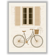 A framed art print featuring a retro-style bicycle with a front basket parked in front of a window with beige shutters, shown against a white background with a subtle drop shadow.