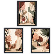 City in Bloom Set of 3 Prints showcasing New York park scenes in warm earthy tones - Black Frame