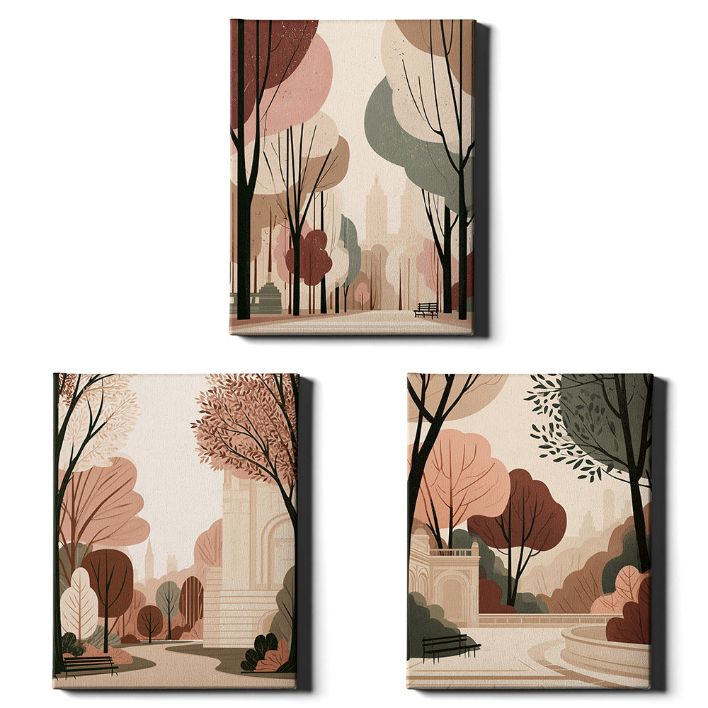 City in Bloom Set of 3 Prints showcasing New York park scenes in warm earthy tones - Wrapped Canvas