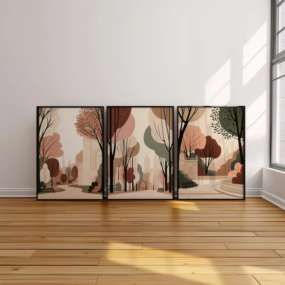 City in Bloom Set of 3 Prints featuring peaceful New York park scenes and stylised trees