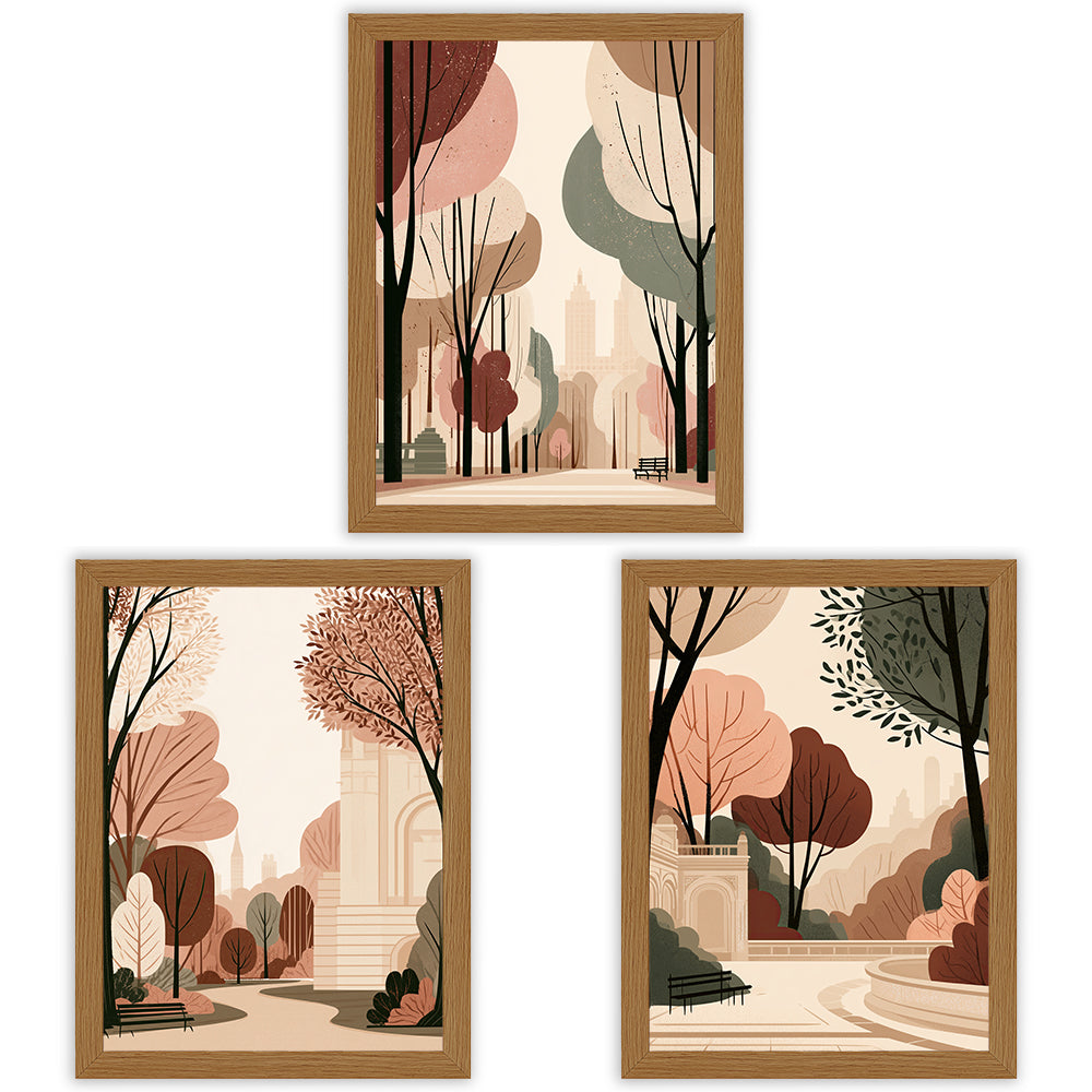 City in Bloom Set of 3 Prints showcasing New York park scenes in warm earthy tones - Oak Frame