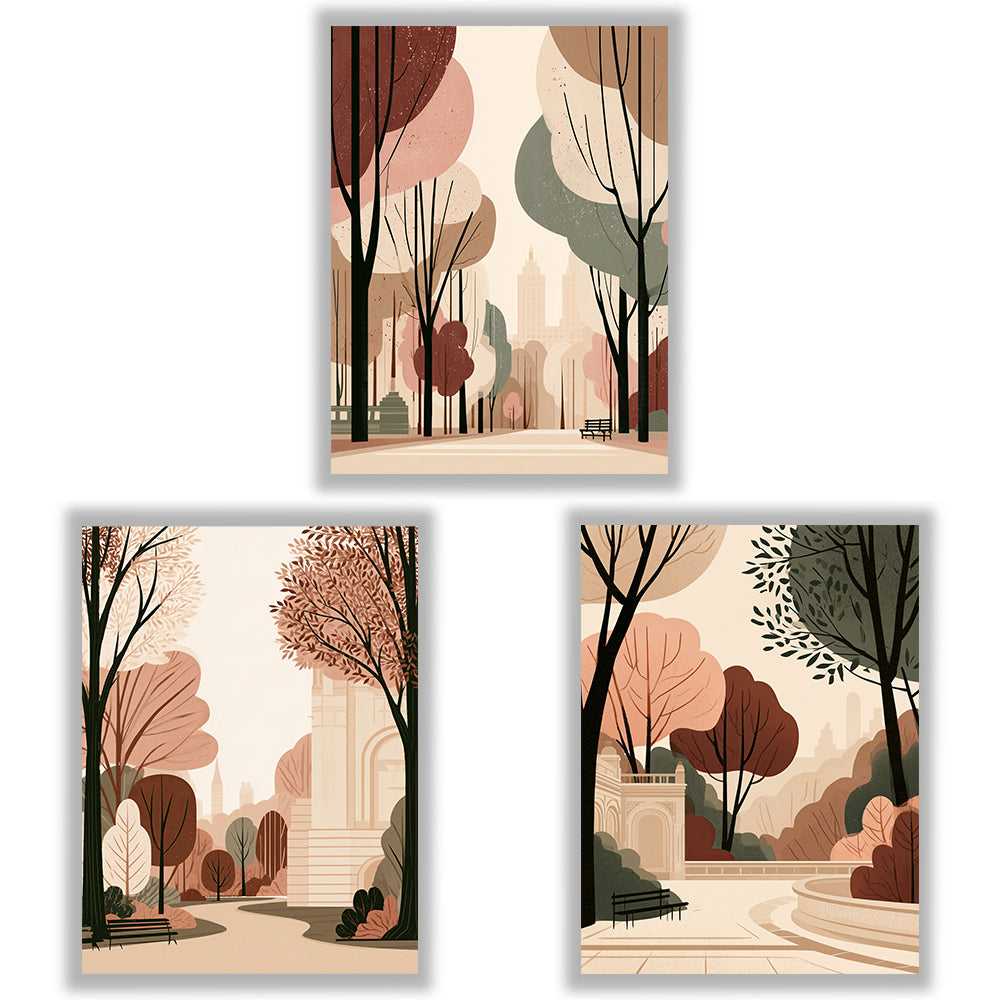 City in Bloom Set of 3 Prints showcasing New York park scenes in warm earthy tones - Unframed Prints
