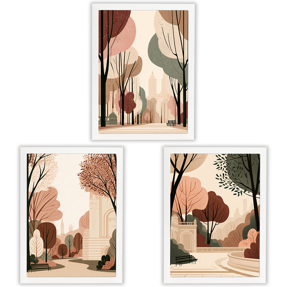 City in Bloom Set of 3 Prints showcasing New York park scenes in warm earthy tones - White Frame