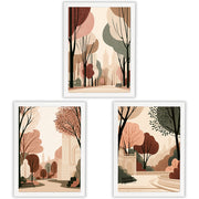 City in Bloom Set of 3 Prints showcasing New York park scenes in warm earthy tones - White Frame