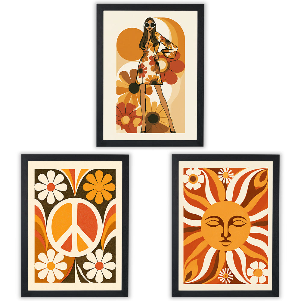 Flower Power Set of 3 Prints showcasing colourful retro 70s designs in orange, mustard and brown - Black Frame