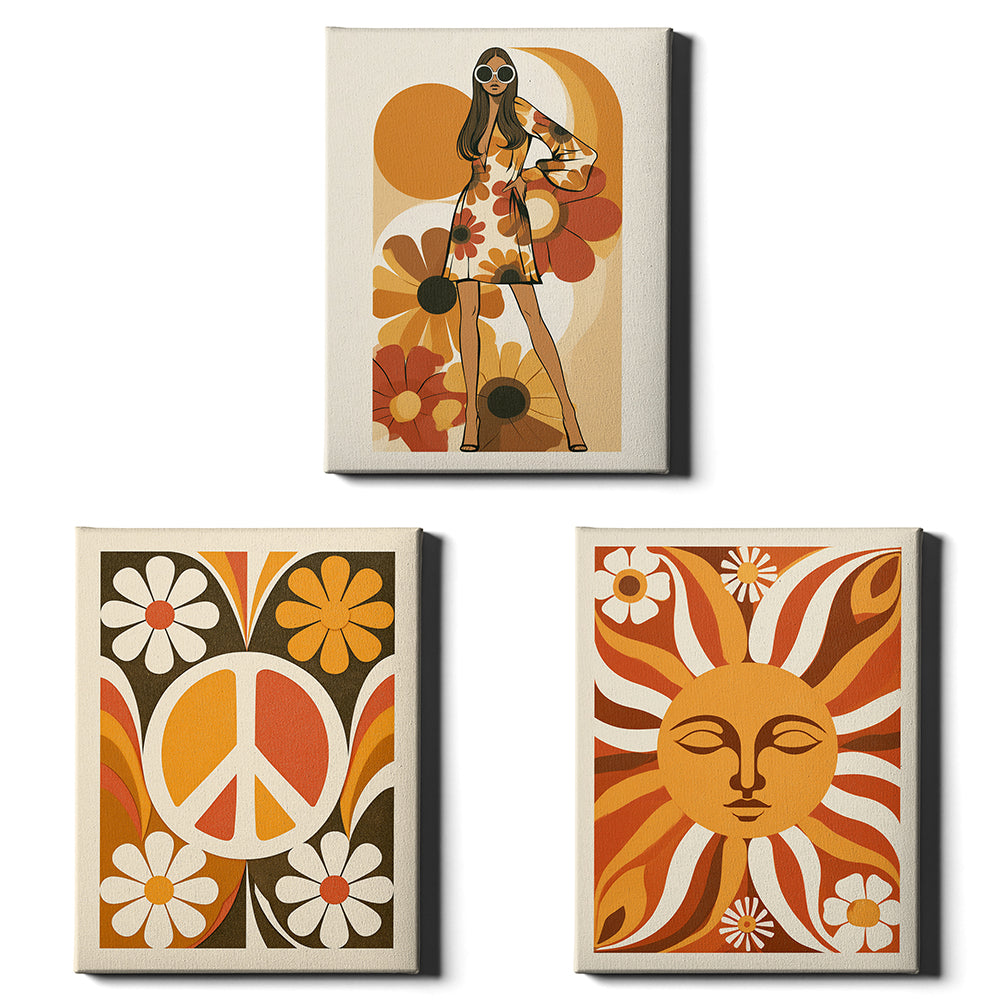 Flower Power Set of 3 Prints showcasing colourful retro 70s designs in orange, mustard and brown - Wrapped Canvas