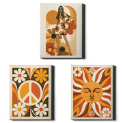Flower Power Set of 3 Prints showcasing colourful retro 70s designs in orange, mustard and brown - Wrapped Canvas