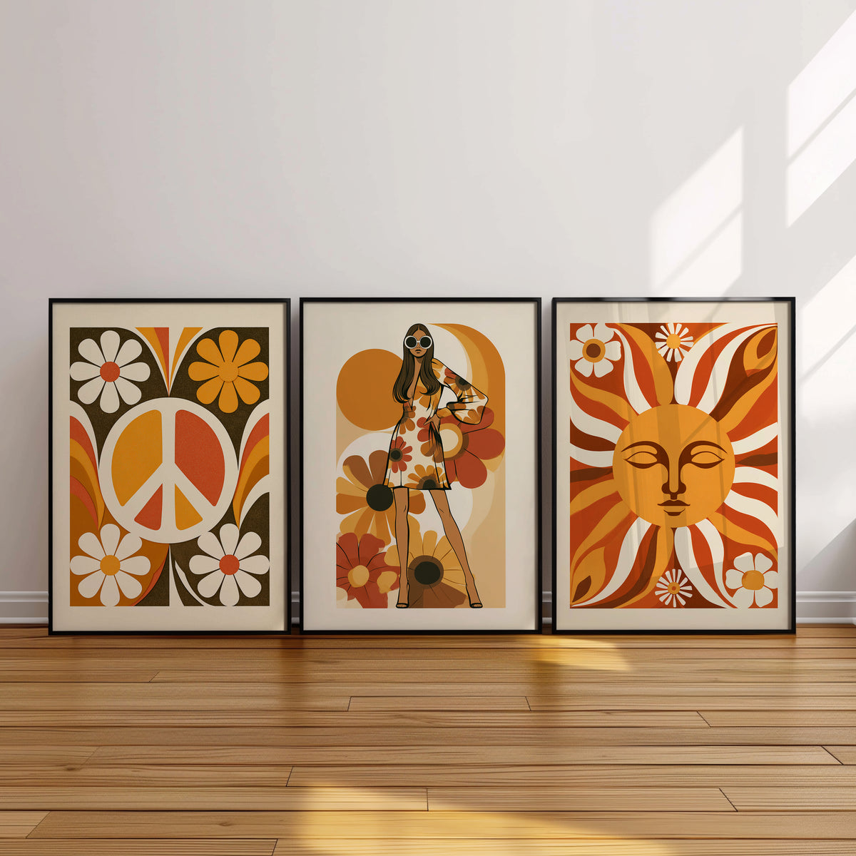 Flower Power Set of 3 Prints featuring bold florals, warm colours and vintage-inspired designs