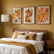 Flower Power Set of 3 Prints displayed in a bright room, featuring colourful retro 70s wall art